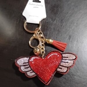 Sparkling Red Heart Winged Keychain Purse Charm w/Gold Accents Fashion Valentine